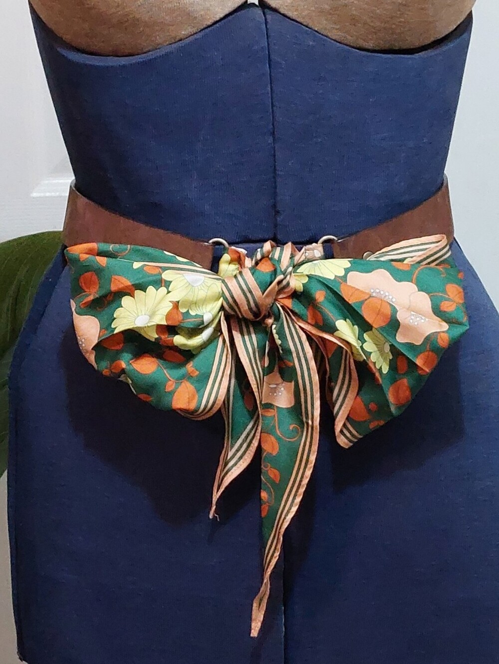 Lucky Penny Green Floral Ribbon Waist Belt with Brown Band Size Medium/large - Picture 2 of 5
